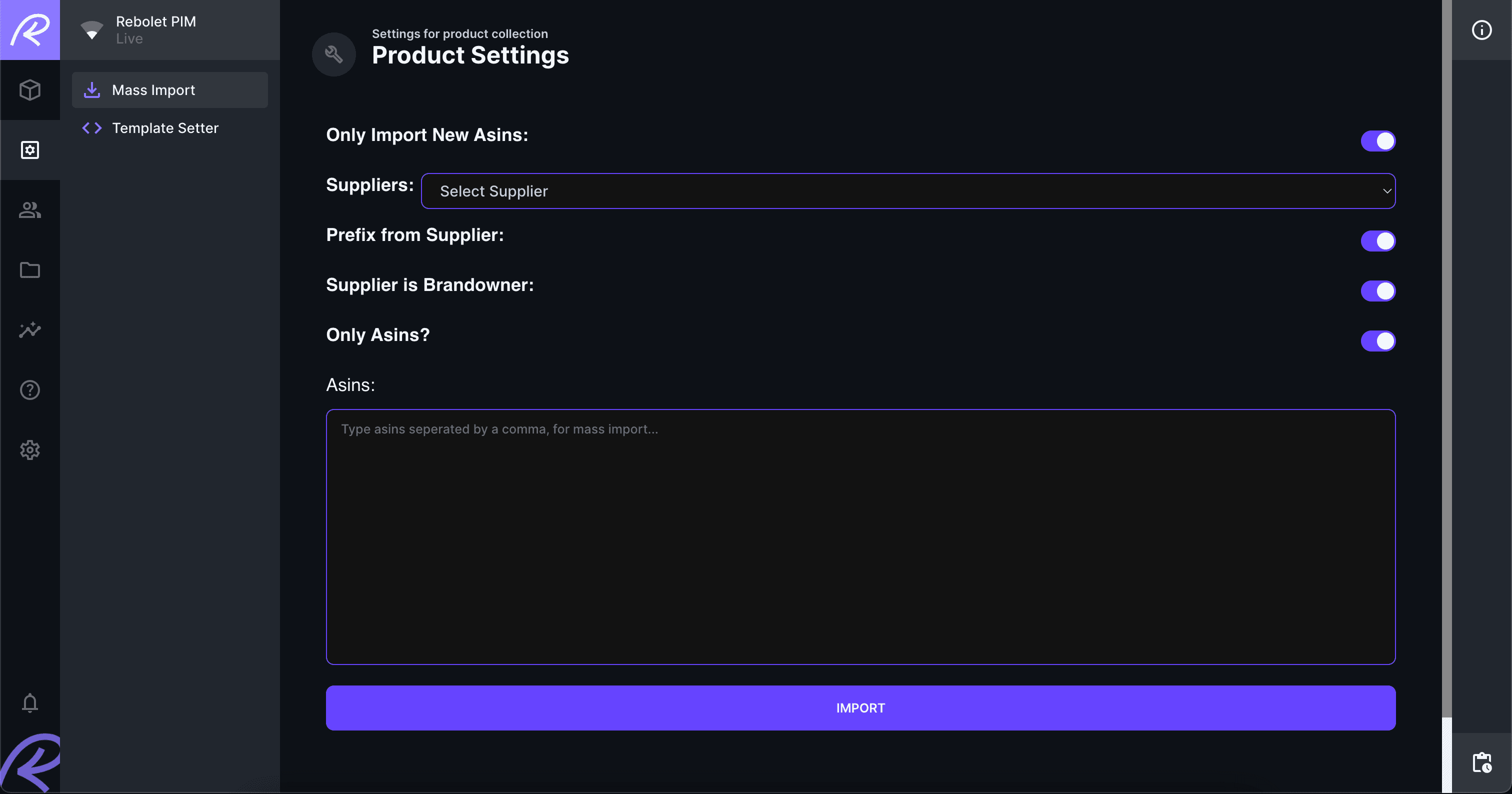 4. product settings page, to import products via barcodes from amazon sp-api, so no need to add manually each time on the system